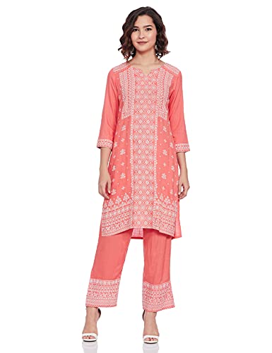 Image of global desi Womens Notched Neck Printed Kurta And Pants Set