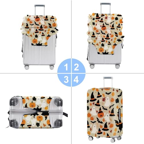 Image of Halloween Luggage Cover - Ghost Pumpkin Bat and Witch Hat Design - Festive Travel Suitcase Protector - Fits 24 to 26 Inch Luggage,M