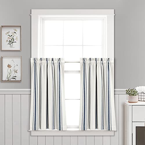 Lush Decor Farmhouse Stripe Yarn Dyed Recycled Cotton Window Curtain Kitchen Tiers Pair 36 W x 29 L Navy Classic Modern Rustic Charm Eco Friendly Cotton Fabric