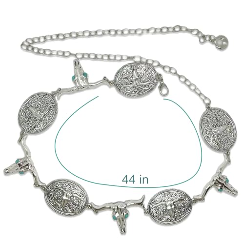 Cowboy Chain Belts for Women Western Silver Belt with Turquoise Accents Cowgirl Bull and Horseshoe Waist Belt Gold Corset Style Dress Belt Plus Size Womens Outfits Fit Waist Size Below 44"2