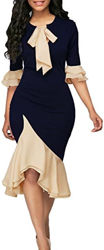 YACUN Women Bodycon Dress Cocktail Work Half Sleeve Bow Tie Party Dresses Darkblue L