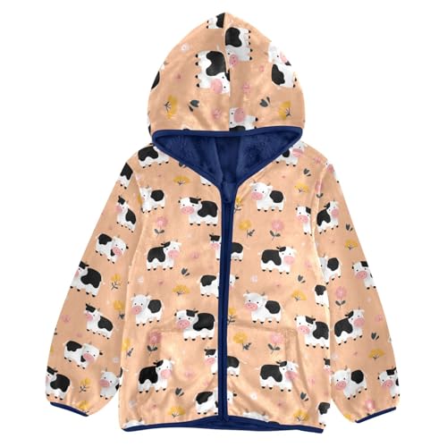 Cute Cow Toddler Fleece Jacket Baby Boys Hooded Zipper Long Sleeve Thick Warm Outerwear 3-10 Years