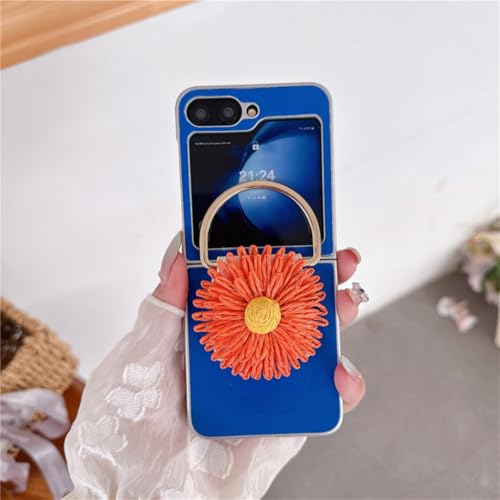 Coque rigide en cuir pour Galaxy Z Flip6 bleu fleuri idéale au quotidien