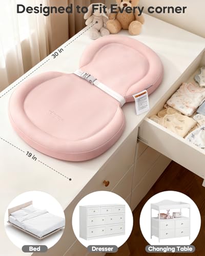 Image of Baby Changing Pad, Waterproof Wipe-Clean Non-Slip Foldable PU Surface with Adjustable Safety Belt, Compatible with Dresser & Changing Table, 30 inchX18 inch, Pink