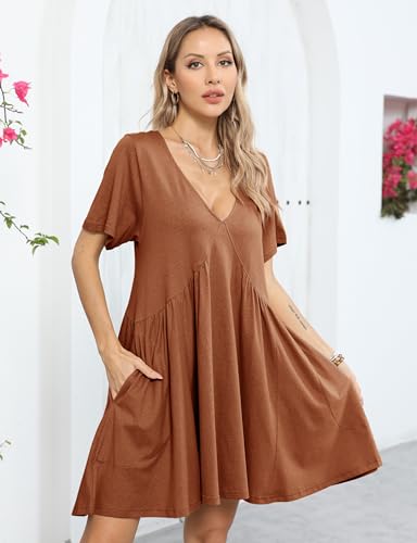 Image of Gozoloma Women Summer Short Sleeve Mini Dress Casual Loose V Neck Flowy Sundress Vacation Tshirt Sun Dress with Pockets