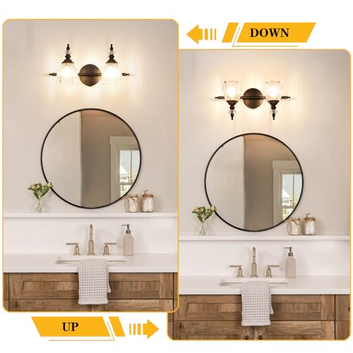Image of Matte Black Vanity Light, Farmhouse Bathroom Light Fixtures, 2 Light Bathroom Vanity Lights, Flower Glass Shade Wall Sconce Lighting