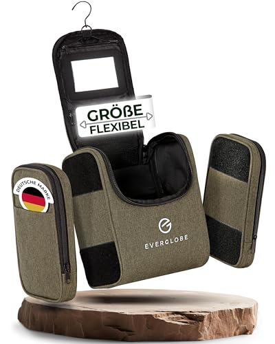 5in1 Kulturbeutel zum Aufhängen 7L [ANPASSBAR] Khaki mit Spiegel | Kosmetiktasche mit Griff, Kulturtasche Damen Gross, Kulturbeutel Herren groß, Schminktasche, Waschtasche, Toiletry Bag, Beauty Case