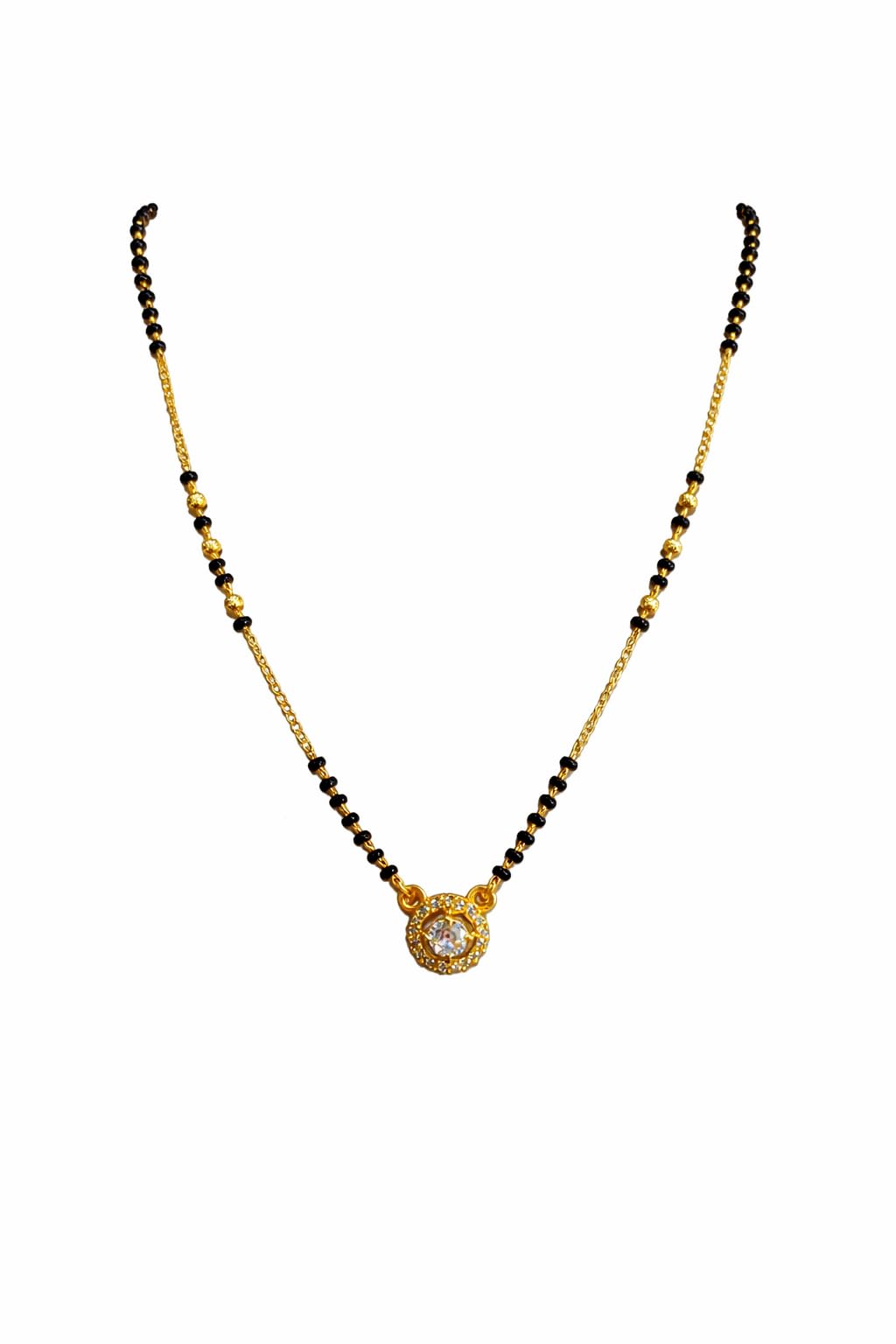Traditional Black Beads Mangalsutra with Round Halo Pendant, Gold Plated, American Diamond-image-43