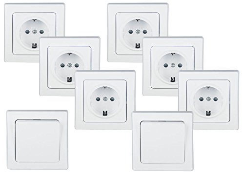 ChiliTec Steckdose Schalter Unterputz DELPHI Set - 6 x Steckdose, 2 x Schalter mit Rahmen Schutzkontaktsteckdose Weiß