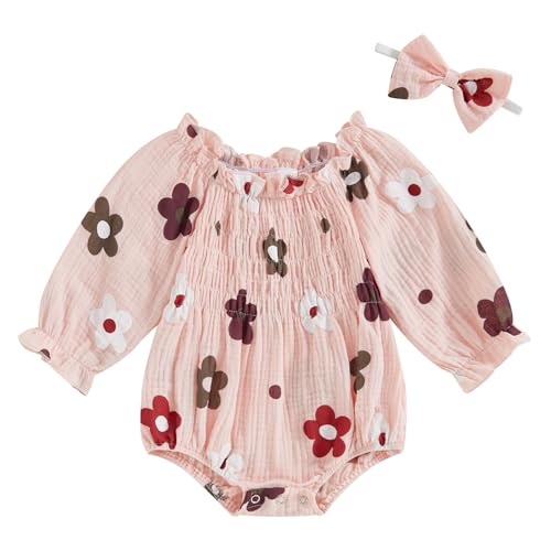 Image of DuAnyozu Baby Girl Floral Romper Newborn Outfit Square Neck Ruffle Smocked Jumpsuit Bodysuit With Headband Cute Clothes (Pink, 0-3 Months)