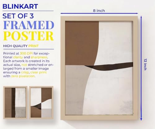 Image of BLINKART Set of 3 BROWN CREAM BLOCK Natural Brown Frame Painting for Wall Decoration - Modern Art Wall Decor Framed Painting for Living Room Bedroom - Framed Wall Posters /Paintings (8X12 inch)