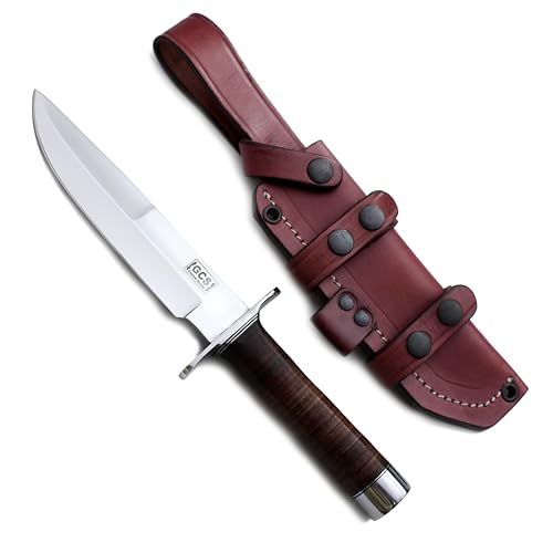 GCS Handmade Stacked Leather Handle D2 Tool Steel Tactical knife Hunting Knife Camp Knife with leather sheath Full tang blade designed for Hunting & EDC GCS 147 - GCS Knives