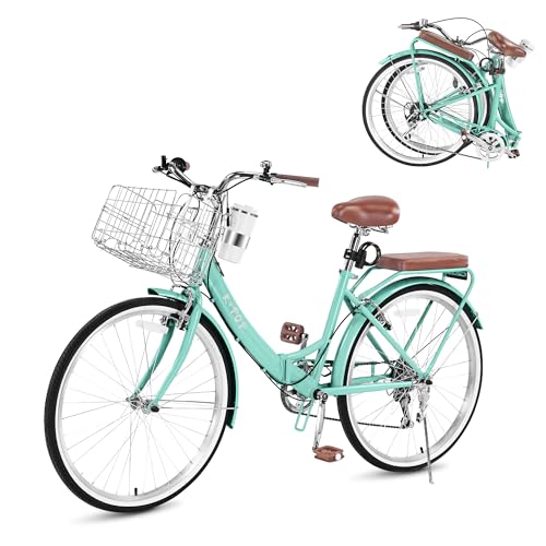 Image of 24 /26 Inch Folding Beach Cruiser Bike for Women, 7-Speed Foldable Bicycle with Basket & Cup Holder, Adult Commuter Bike with Adjustable Seat, Dual V-Brake System