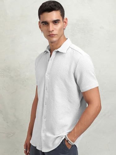 Image of Zombom Men's Poly Cotton Textured Short Sleeve Shirt | Slim Fit Casual Wear | Premium Stretch Fabric | Button Down Collar | Stylish Party Shirt for Men