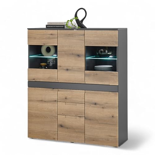 Taylor - Mobile alto con illuminazione a LED in antracite effetto rovere Evoke con ampio spazio per il vostro soggiorno 119 x 140 x 38 cm larghezza x altezza x profondità