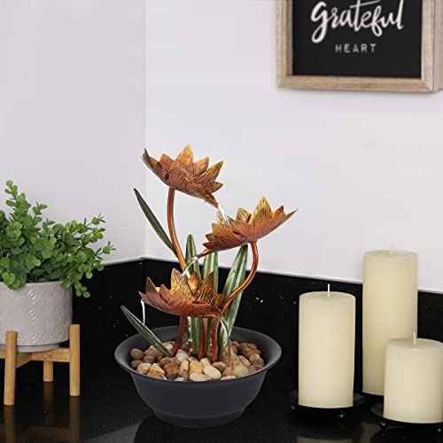 Alpine Corporation 13" H Indoor Multi-Tier Metal Lotus Flower Tabletop Fountain With Stone-Filled Base #TOP1