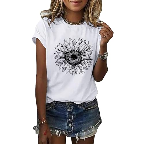 LOOKFACE Women Crewneck Cute Graphic Short Sleeve T Shirts White Medium