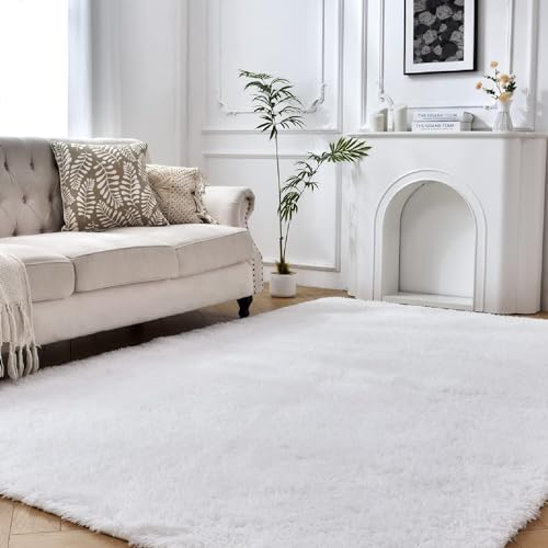 Image of Temedara Shag Area Rug,Modern Plush Fluffy Rugs for Bedroom Living Room,Ultra Soft Faux Fur Rugs for Kids Playroom,Shaggy Fuzzy Carpets for Nursery Dorm Girls Room (White, 7x10 Ft.)