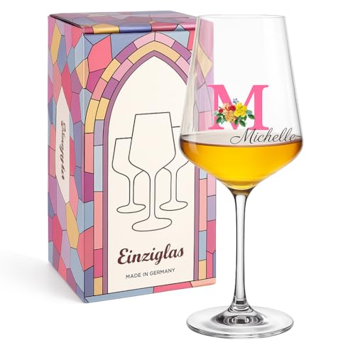 glastal Leonardo Puccini Weinglas Personalisiertes Geschenk Rotweinglas 560ml mit Namens & Monogramm - Florale Initialen - Geburtstag Weihnachten Geschenk für Weinliebhaber Beste Freundin Mama Frauen