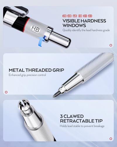 Image of Nicpro Set of 37 mechanical pencils: 4 metal drawing pencils (0.3 mm, 0.5 mm, 0.7 mm, 0.9 mm) and 2 lead holders (6B, 4B, 2B, HB, 2H, 4H) for sketching and drawing. 23 refills in case