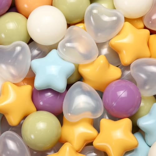 GOGOSO Ball Pit Balls 100 200 500 Pcs Plastics Balls for Baby Toddlers Kids Stars Hearts Shape for Pool Play Tent Party (Yellow Green 100)