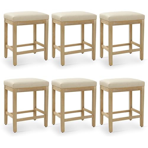 Image of RNKSFX Counter Height Bar Stools Set of 6 for Kitchen Counter Farmhouse Modern Backless Barstools with Faux Leather Upholstered Seat and Solid Wood Legs 24 inch Bar Chairs, Khaki + Wood Color