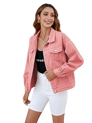 Atnlewhi Women's Long Sleeve Denim Jacket Casual Trucker Basic Jean Coats with Pockets, Pink, Large