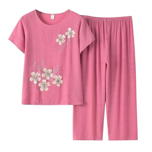 Image of FindThy Women's 2 Piece Linen Outfits Short Sleeve Floral Print Lounge Sets Crewneck Summer Suits
