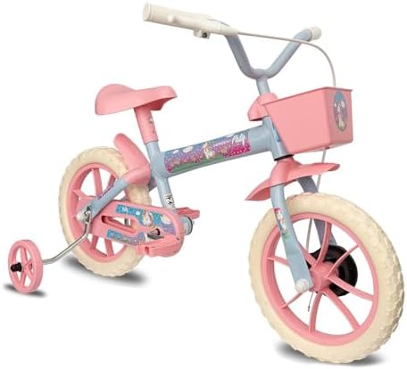 Bicicleta infantil Verden Paty aro 12, azul e rosa, com cestinha e rodinhas de apoio, vista frontal.