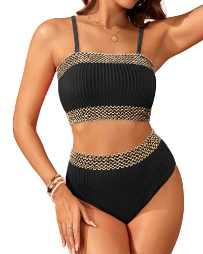 Daci High Waisted Bandeau Bikini Set - Women Strapless Two Piece Swimsuits Ribbed Full Coverage Bathing Suits Swimwear2