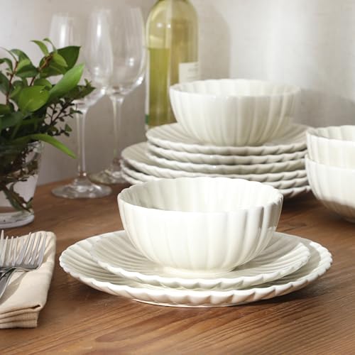 Image of Gibson Elite Peach Orchard 12-Piece New Bone China Dinnerware Set Service for 4, Embossed Fluted Plates and Bowls, Dishwasher and Microwave Safe, Cream White