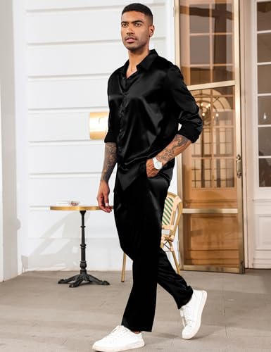 LecGee Men's Satin Piece Outfits Lapel Long Sleeve Button Down