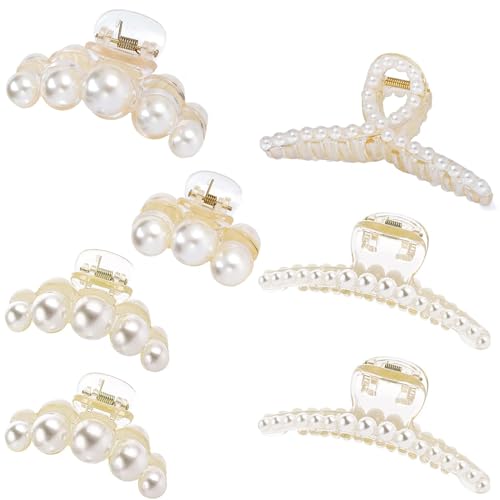 7Pcs Pearl Hair Clips, BetterJonny Strong Hold Hair Claw Clips White Pearl Claw Clips Acrylic Hair Clips Non-slip Barrettes for Women Girls