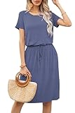 levaca Womens Summer Casual Dress Belly Drawstring Beach Short Sleeve 2025 Midi Sundress with Pockets Purple Gray XL