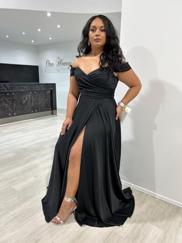 Off Shoulder Bridesmaid Dresses for Women Ruched Satin Prom Evening Party Gown with Slit3