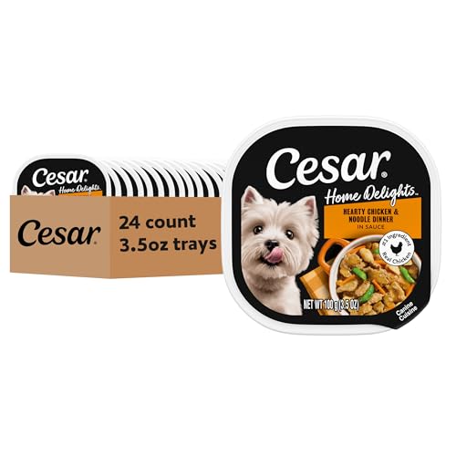 Image of Cesar Home Delights Wet Dog Food, Chicken & Noodle Dinner, 3.5 oz, 24 Count | Real chicken #1 ingredient, 100% complete & balanced, easy to digest, no fillers, no artificial flavors, easy peel trays