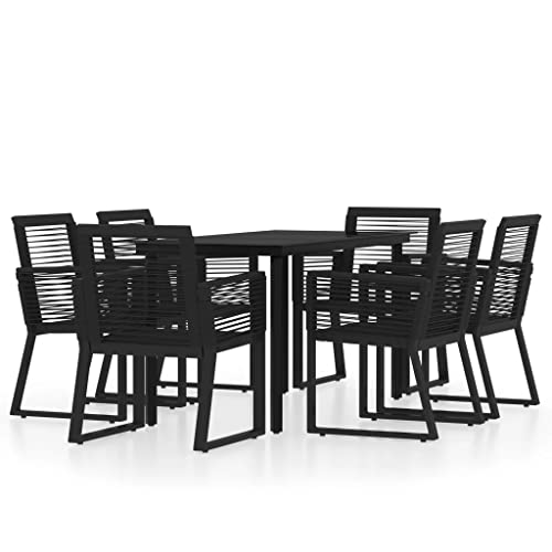 HFXHIJXQ Juego de muebles de jardín de 7 piezas, color negro, con mesa de cristal de 140 cm y 6 sillas de ratán, juego de balcón de acero resistente a la intemperie, diseño moderno para terraza y