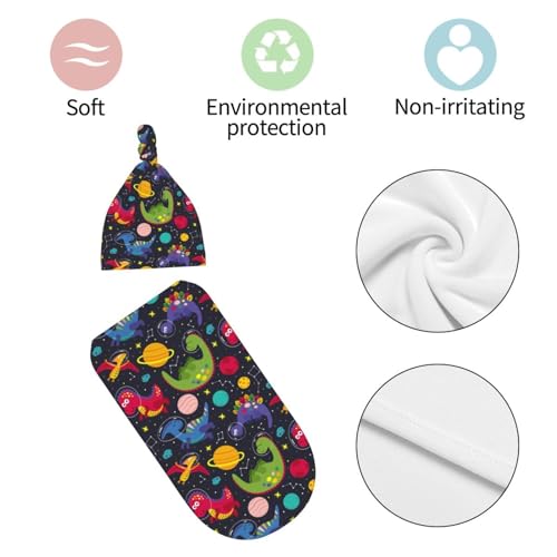Image of Newborn Swaddle Blanket Dinosaur in Space Baby Sleep Sack with Beanie Set Soft Stretch Adjustable Wraps Receiving Blankets for Infant Boy Girl