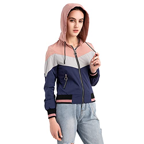 Women's Color Block Waterproof Raincoat Outdoor Hooded Zip Up Rain Jacket Windbreaker4