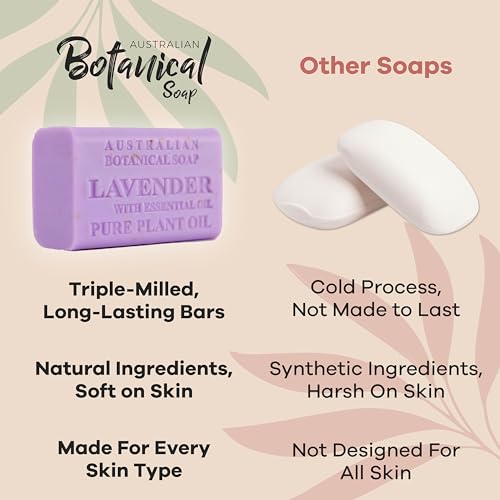 Australian Botanical Soap Essential Medley Eucalyptus Sandalwood Lavender and Tea Tree 6.6 oz Luxury Soap Bars Enriched with Shea Butter, Assorted Pack of 4