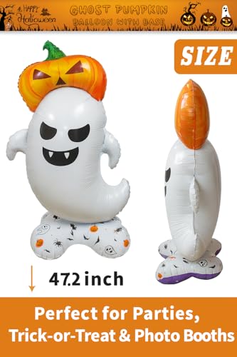 Image of AMFIN (Pack of 1) Self Standing Halloween Ghost Funny Balloon with Pumpkin Hat - 47 inch Tall Self-Standing Foil Balloon | Giant Inflatable Air Balloon - White