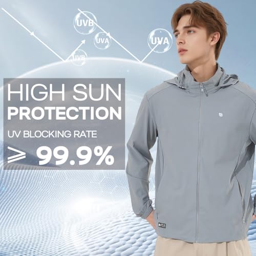 Image of Venzina UPF 150+ Sunscreen Jacket for Men, UV Sun Protection Jacket with Cool Feel Quick Dry Fabric, Sun Hoodie with Removable Hat & Zip Pocket for Driving, Camping, Riding
