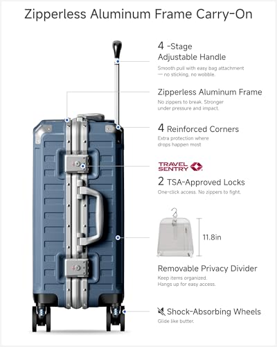 Image of Carry On Luggage with Spinner Wheels, 8010S Aluminum Frame Zipperless Polycarbonate Hard Shell Suitcase (ZX-Core, Blue, 20 Inch)