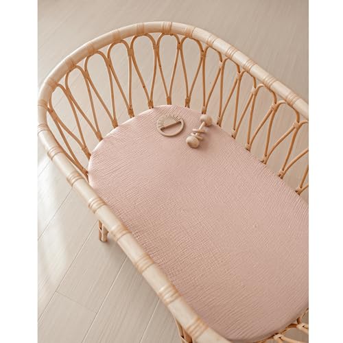 Konssy Muslin Bassinet Sheets for Baby Girl Boy, 2 Pack Soft Breathable Baby Bassinet Mattress Sheets Fit for Hourglass Oval Cradle, Moses Basket Rectangle Mattress (Floral, Pink) by Konssy - Image 5