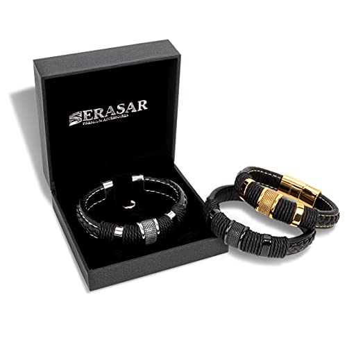 Serasar Black Bracelet Leather Men 17Cm Gift-Box Genuine-Leather Cowhide Braided Adjust-Able Magnetic-Clasp Multi-Layer Wrap Rope Man Mans Male Boy Boys Mens Bracelets Band Jewelry Magnet Accessories #TOP6