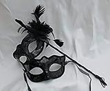 THE GOOD LIFE HIS N HERS PAIR OF HIGH GLOSS BLACK VENETIAN MASQUERADE CARNIVAL PARTY EYE MASKS LADIES MASK WITH STICK & FLOWER,8cm Deep