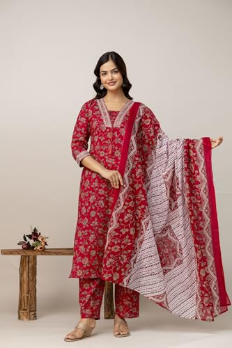 Image of PARTHVI|Women's Pure Cotton Printed with Handwork Kurta with Pants and Dupatta Set | Ethnic Set | Suit Set | Kurta Set | Wedding Suit Set