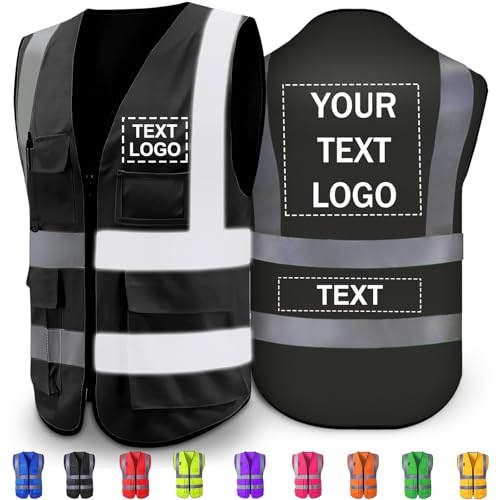 Custom Reflective Safety Vest High Visibility with Pocket Zipper Class 2 for Men Customize Logo Text for Construction Workwear,Black Medium