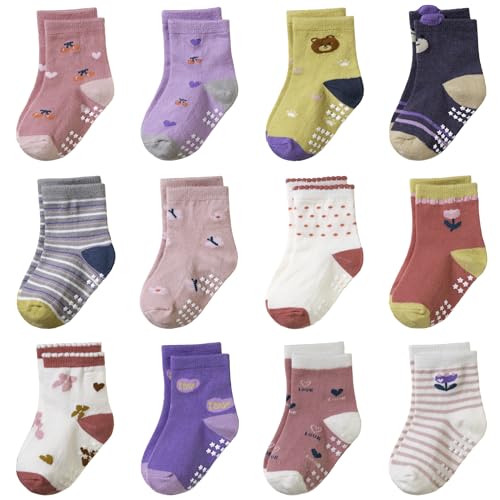 Image of AMENLAN Toddler Non Slip Grips Socks Kids Anti Skid Baby Boys Girls Cotton Crew Socks 12 Pairs