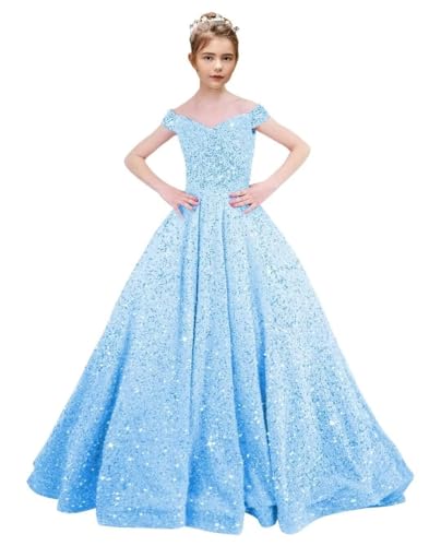 Off Shoulder Sequin Princess Pageant Dress for Girls Kids Sparkly Ball Gown Flower Girl Dresses for Wedding